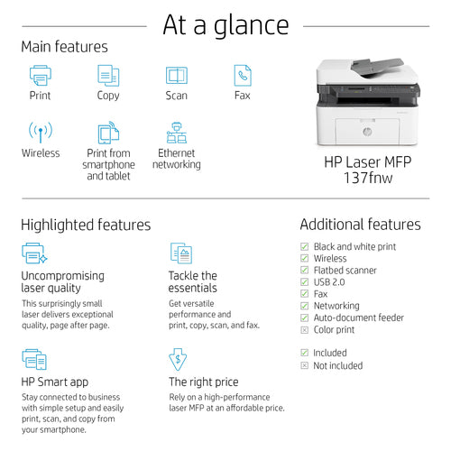 HP Laser MFP 137fnw A4 1200 x 1200 DPI 20 ppm Wi-Fi HP Laser MFP 137fnw A4 1200 x 1200 DPI 20 ppm Wi-Fi